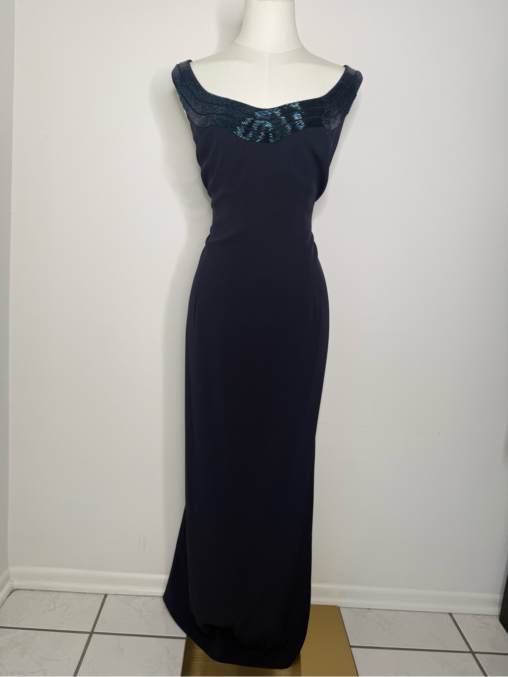 Classic Navy Maxi Dress with Beaded Scoop Neckline